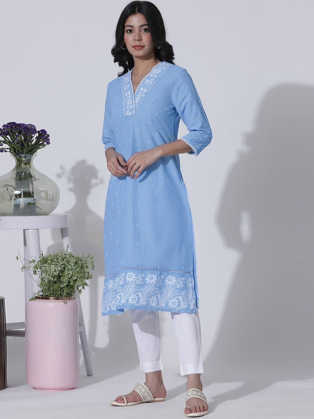 W Floral Embroidered V-Neck Cotton Straight Kurta