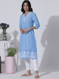 W Floral Embroidered V-Neck Cotton Straight Kurta