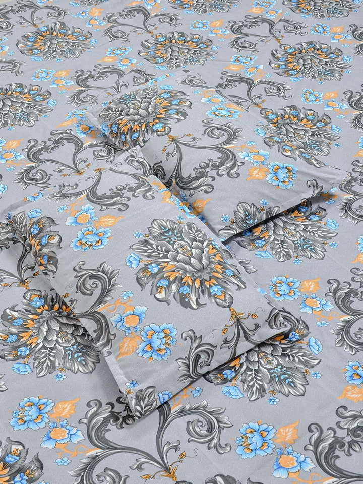 Aura Grey & Orange Floral Printed Fitted 300 TC King Bedsheet Set 2.50 m x 2.25 m