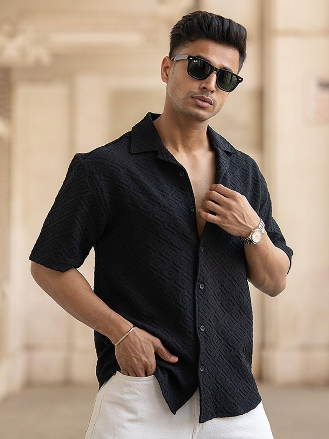 Powerlook Men Oversized Fit Cuban Collar Textured Casual Shirt