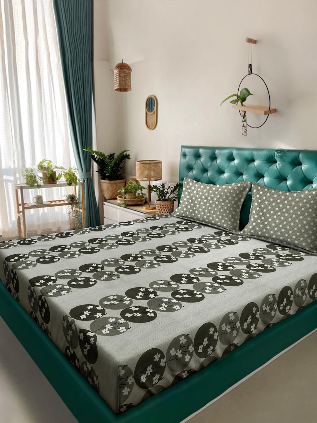 KLOTTHE Olive And White Floral Printed Cotton 400 TC Double Bedsheet Set 2.50 m x 2.20 m