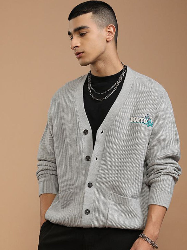 HIGHLANDER Men Embroidered Ribbed Cardigan with Embellished Detail
