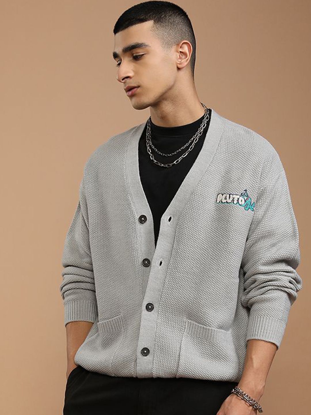 HIGHLANDER Men Embroidered Ribbed Cardigan with Embellished Detail