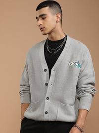HIGHLANDER Men Embroidered Ribbed Cardigan with Embellished Detail