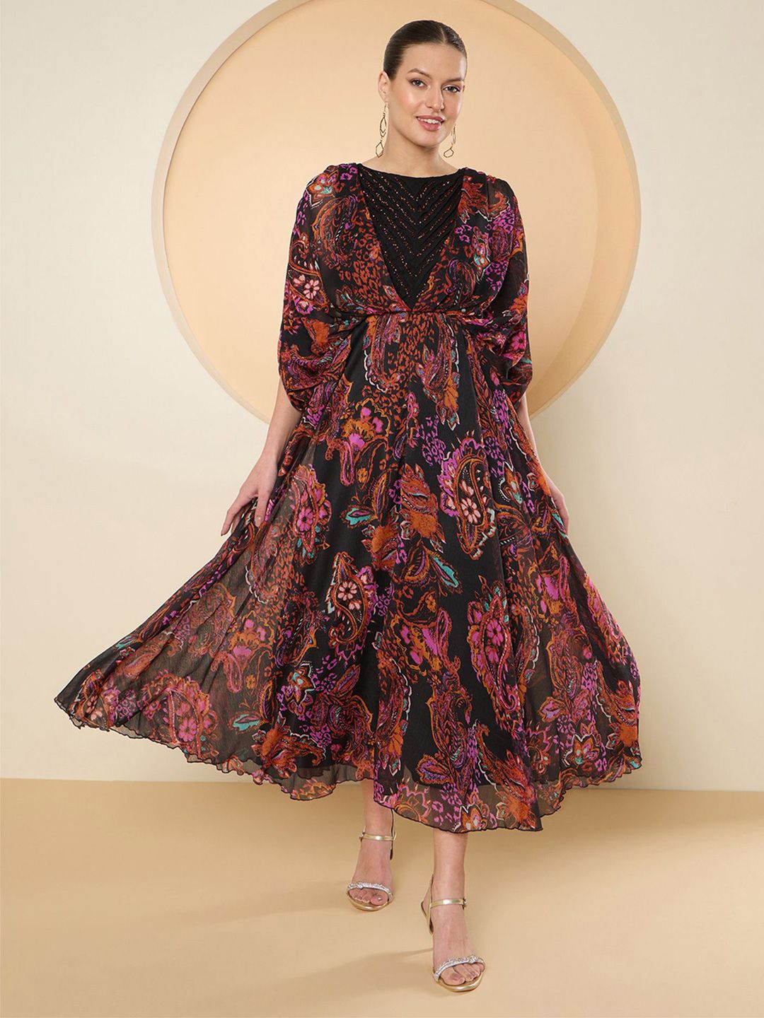 Antheaa Ethnic Motifs  Print Flared Sleeves  Fit And Flare Dress