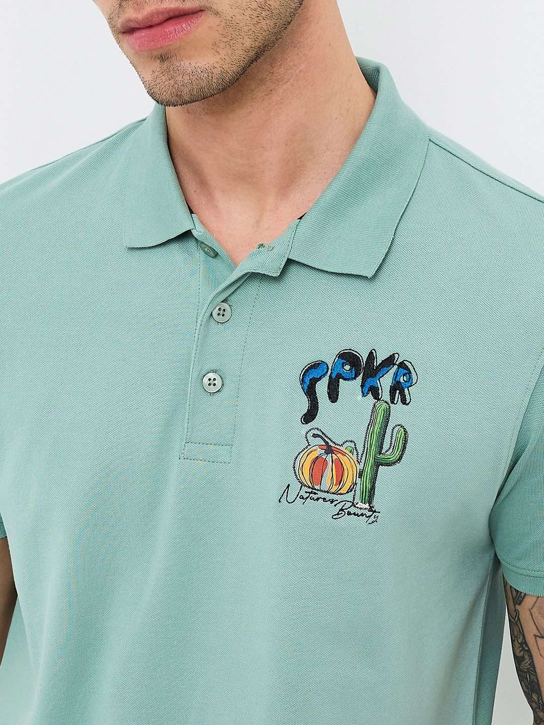 SPYKAR Men Graphic Printed Polo Collar Cotton Slim Fit T-shirt