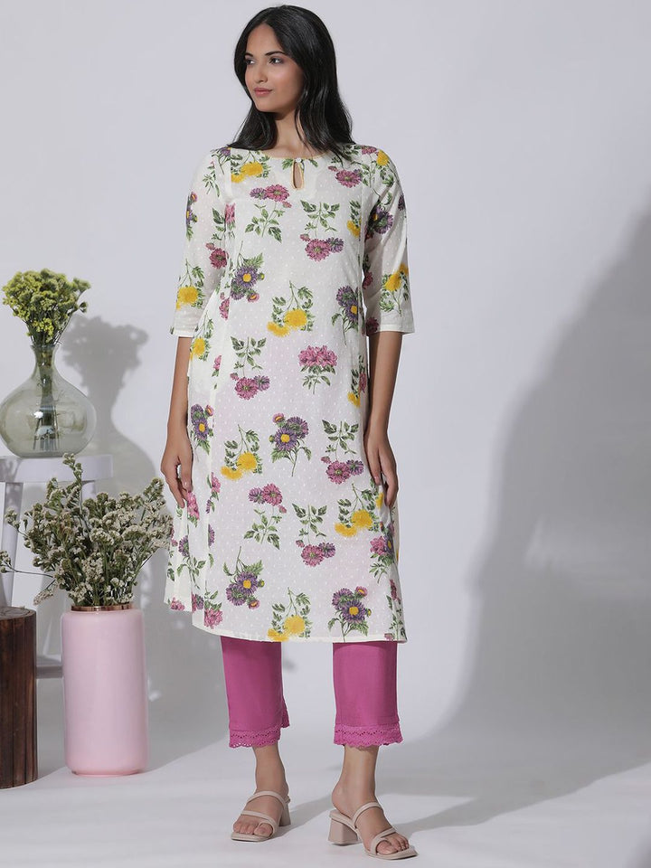 W Floral Printed Keyhole Neck Panelled Cotton A-Line Kurta