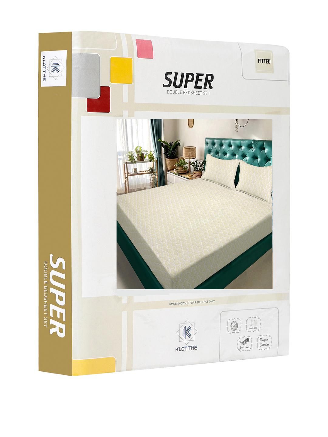 KLOTTHE Beige Geometric Printed Polycotton Fitted 300 TC Bedsheet & 2 Pillow Covers