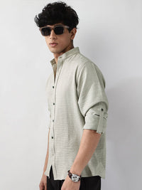 Urbano Fashion Men Beige Solid Linen Full Sleeve Relaxed Fit Mandarin Collar Casual Shirt