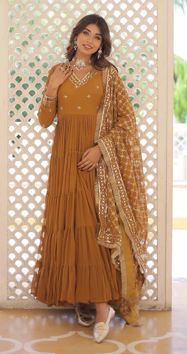 KALINI Sequin Embroidered Tiered Anarkali Kurta With Duppatta