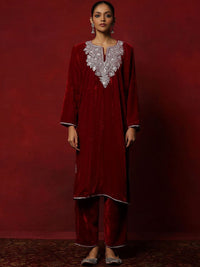 House of Chikankari Women Maroon Velvet Tilla Embroidered Kurta Set