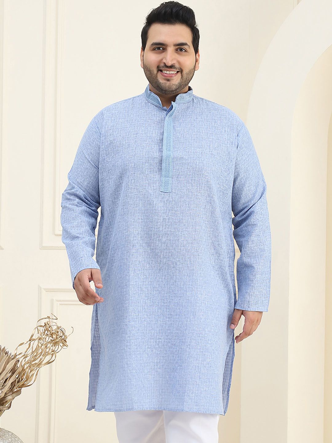 SOJANYA PLUS Mandarin Collar Neck Long Sleeves Pure Cotton Straight Kurta