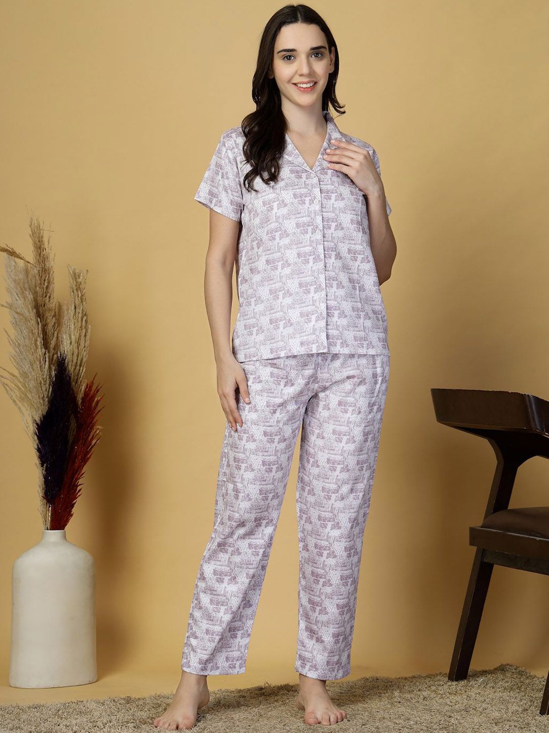 KLOTTHE Women Purple Abstract Pure Cotton Night Suit