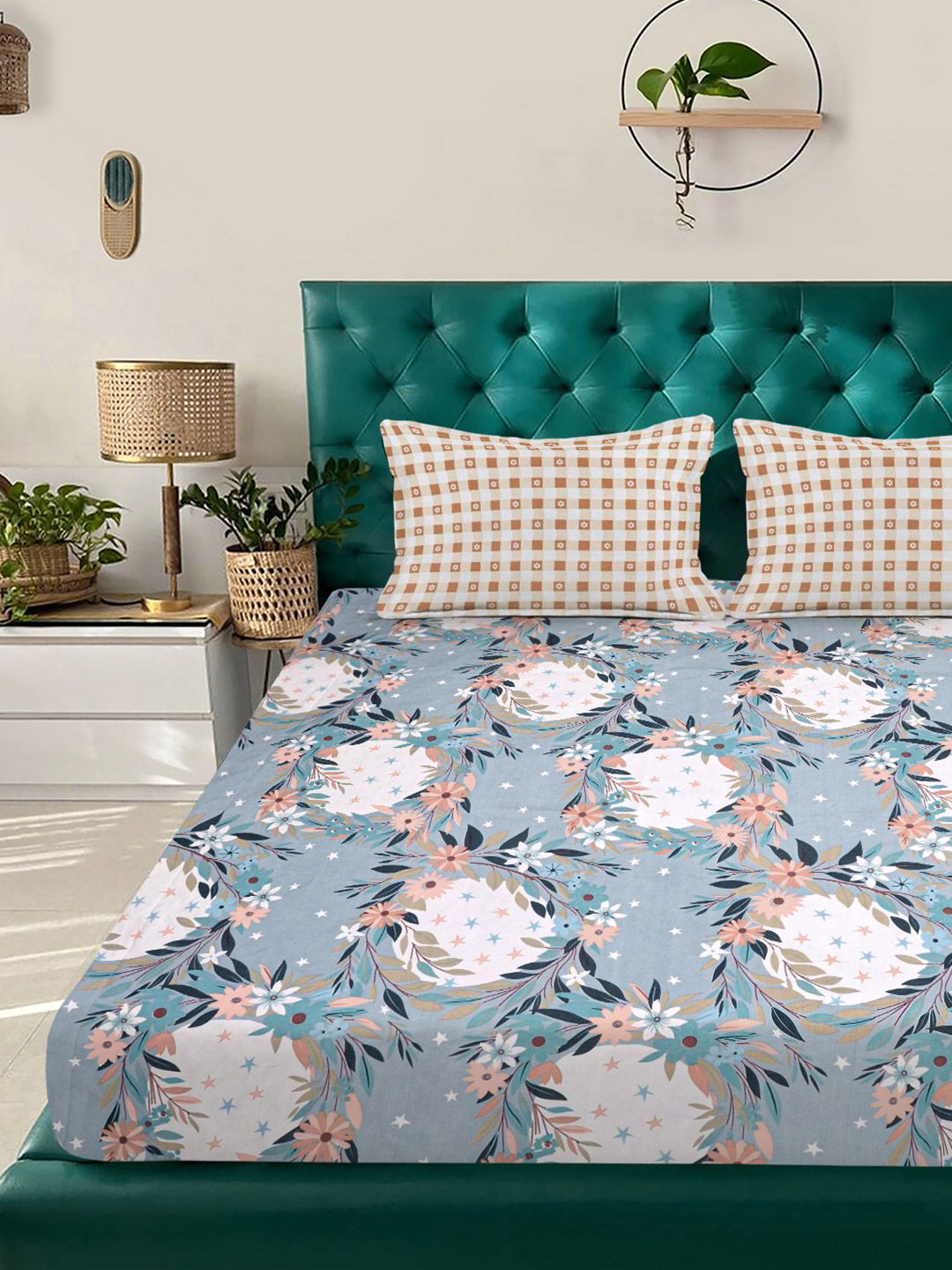 Aura Blue & White Floral Printed Set Cadar King 300 TC 2.5 x 2.25 m