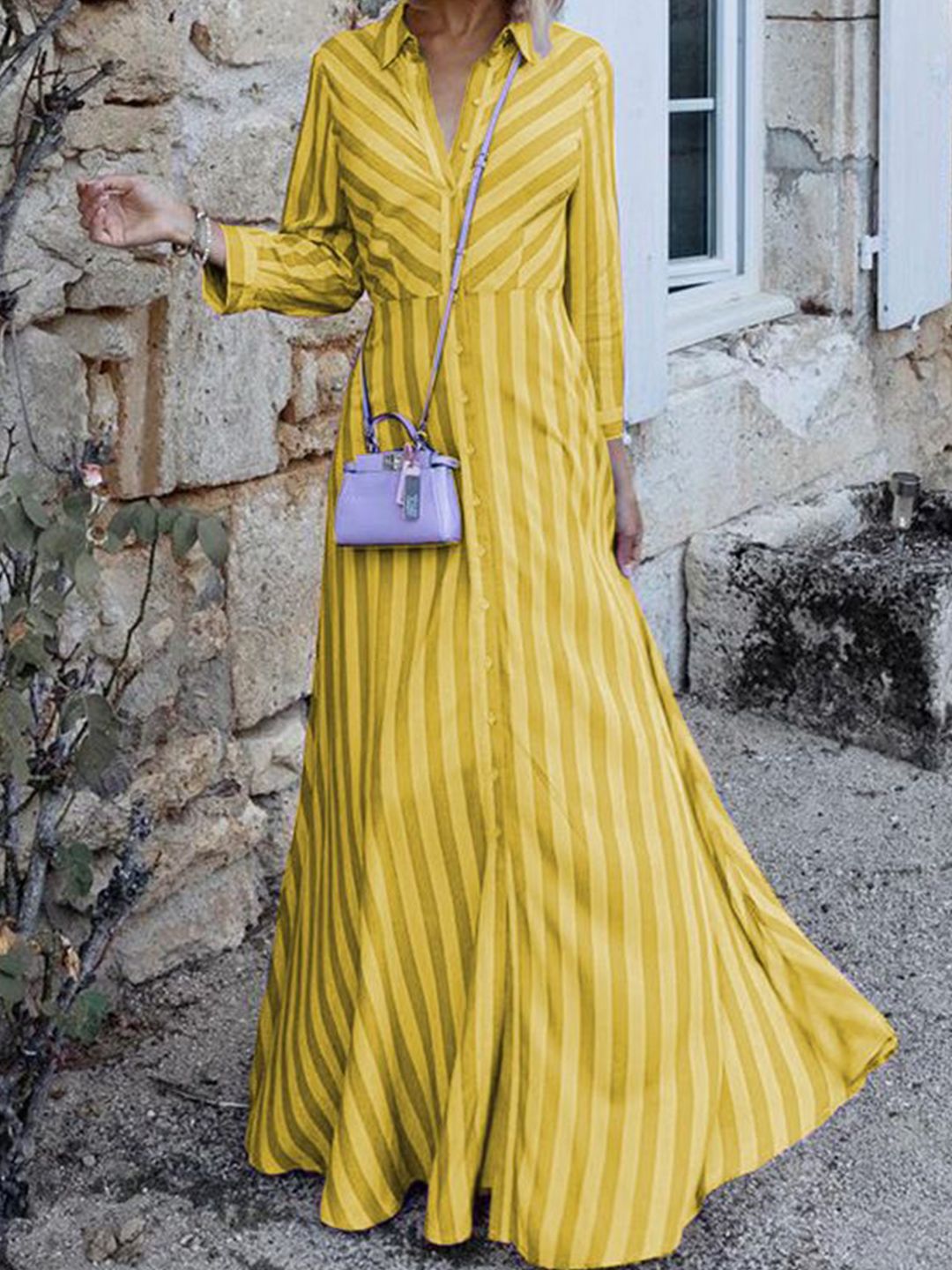 all about you Stripeed Shirt Collar Maxi Dress