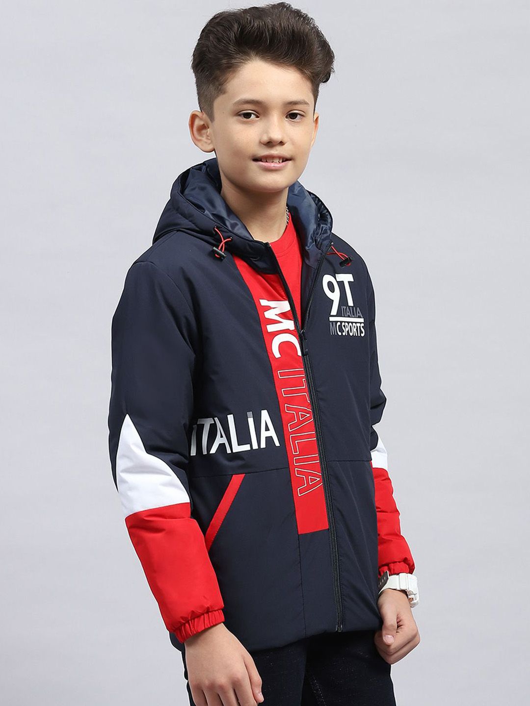 Monte Carlo Boys Hooded Typography Printed Casual Sporty Jacket