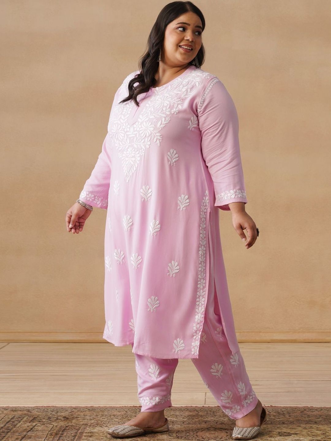 House of Chikankari Women Solid Pink 2 Pieces Regular Kurta with Trousers Set