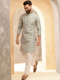 Anouk Pista Green & White Band Collar Floral Embroidered Straight Kurta