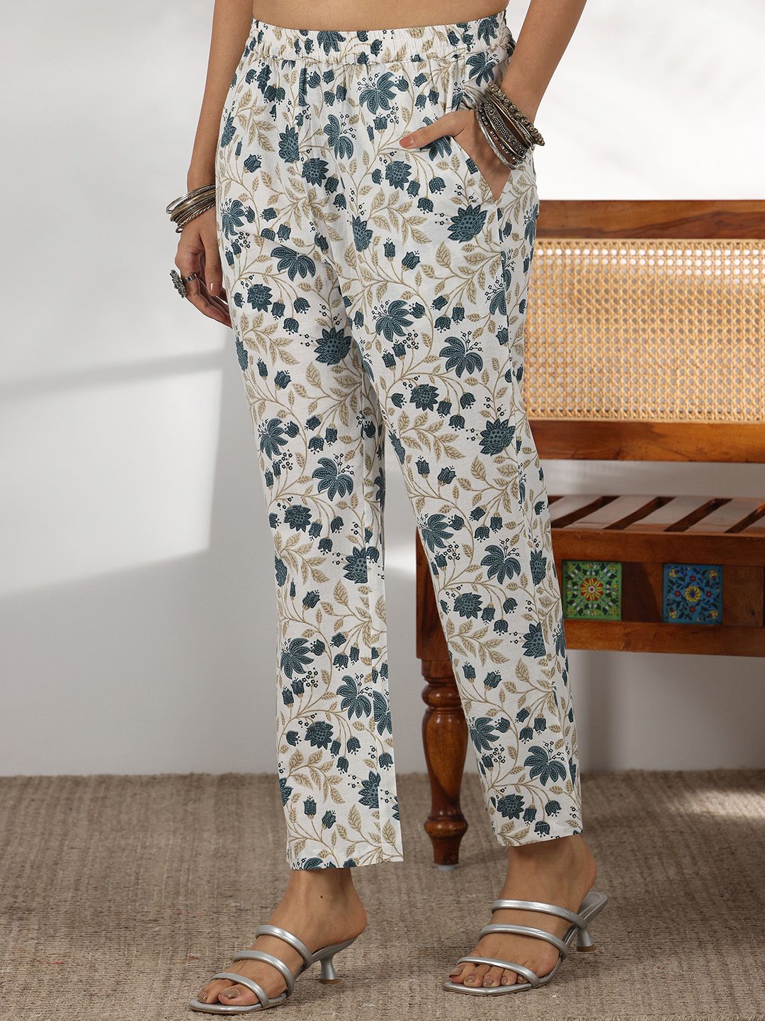 Libas Floral Printed Mirror Work V-Neck Pure Cotton Straight Kurta with Palazzo & Dupatta