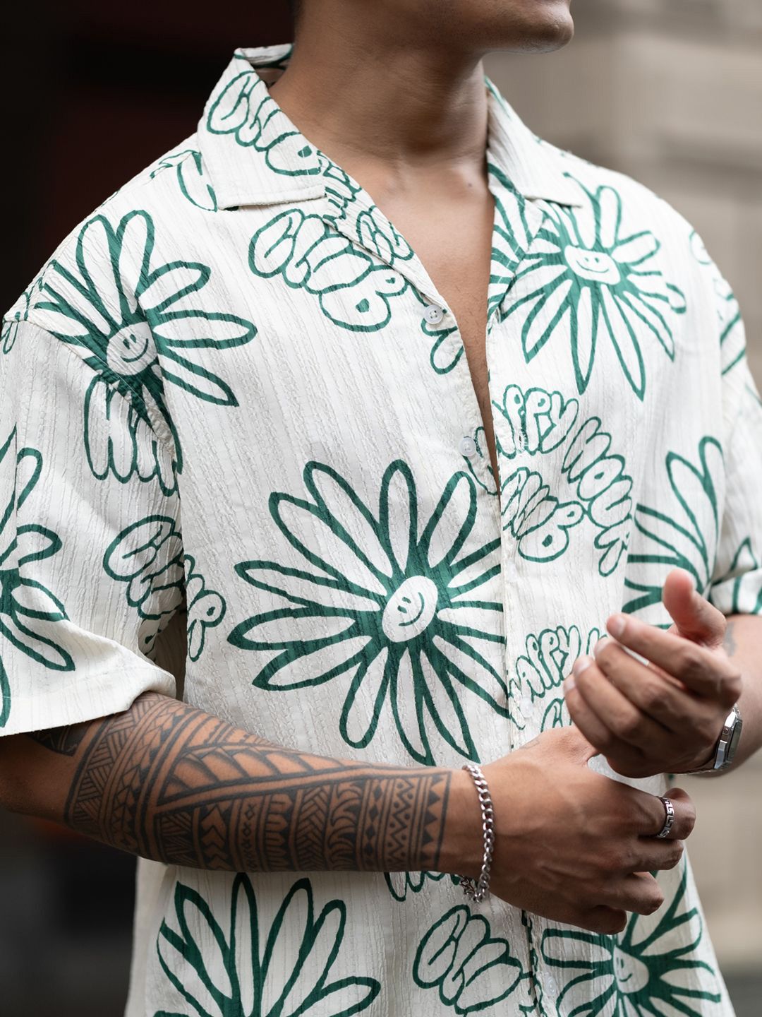 Powerlook Men Cuban Collar Floral Printed Oversized Casual Shirt