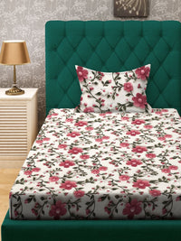 Myntra Elegant Cream-Coloured & Pink Floral 300 TC Single 7D Bedsheet & 1 Pillow Cover