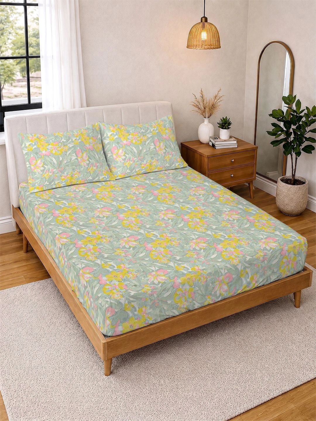 KLOTTHE Green Floral 300 TC Cadar King dengan 2 Sarung Bantal
