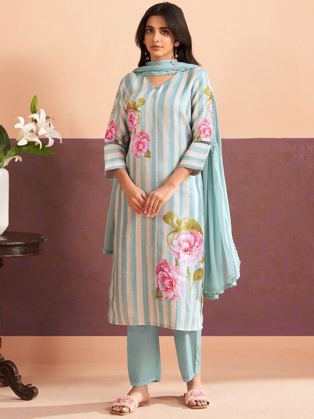 Indo Era Floral Printed V-Neck Sequinned Linen Kurta With Trouser & Dupattta