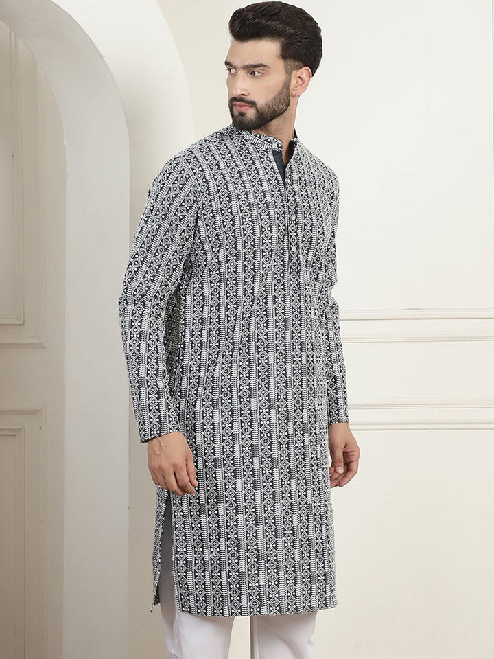 Anouk Charcoal Grey Ethnic Motifs Embroidered Thread Work Pure Cotton Straight Kurta