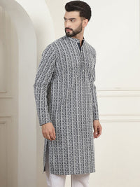 Anouk Charcoal Grey Ethnic Motifs Embroidered Thread Work Pure Cotton Straight Kurta