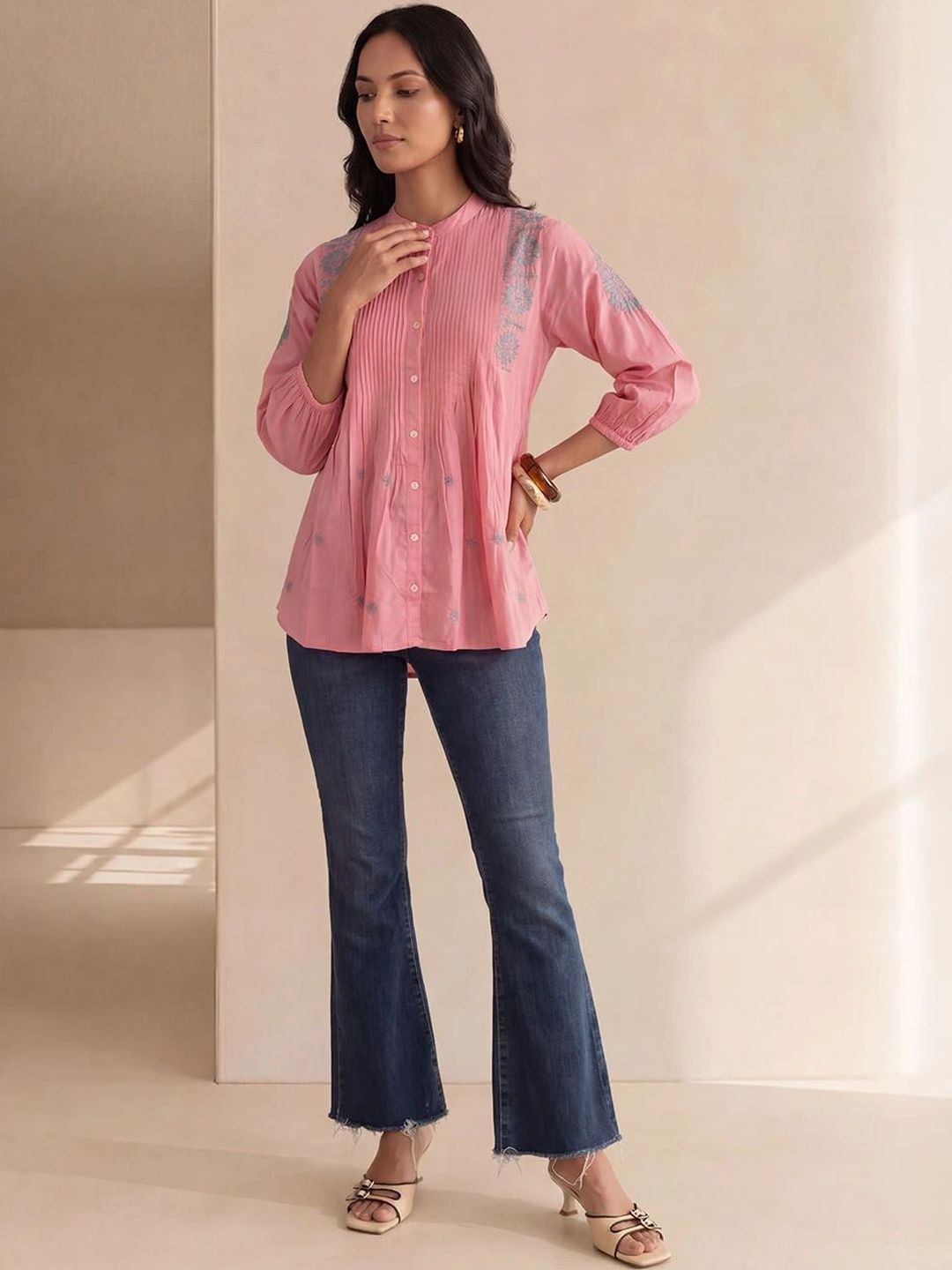 House of Chikankari Embroidered Mandarin Collar Cotton Top