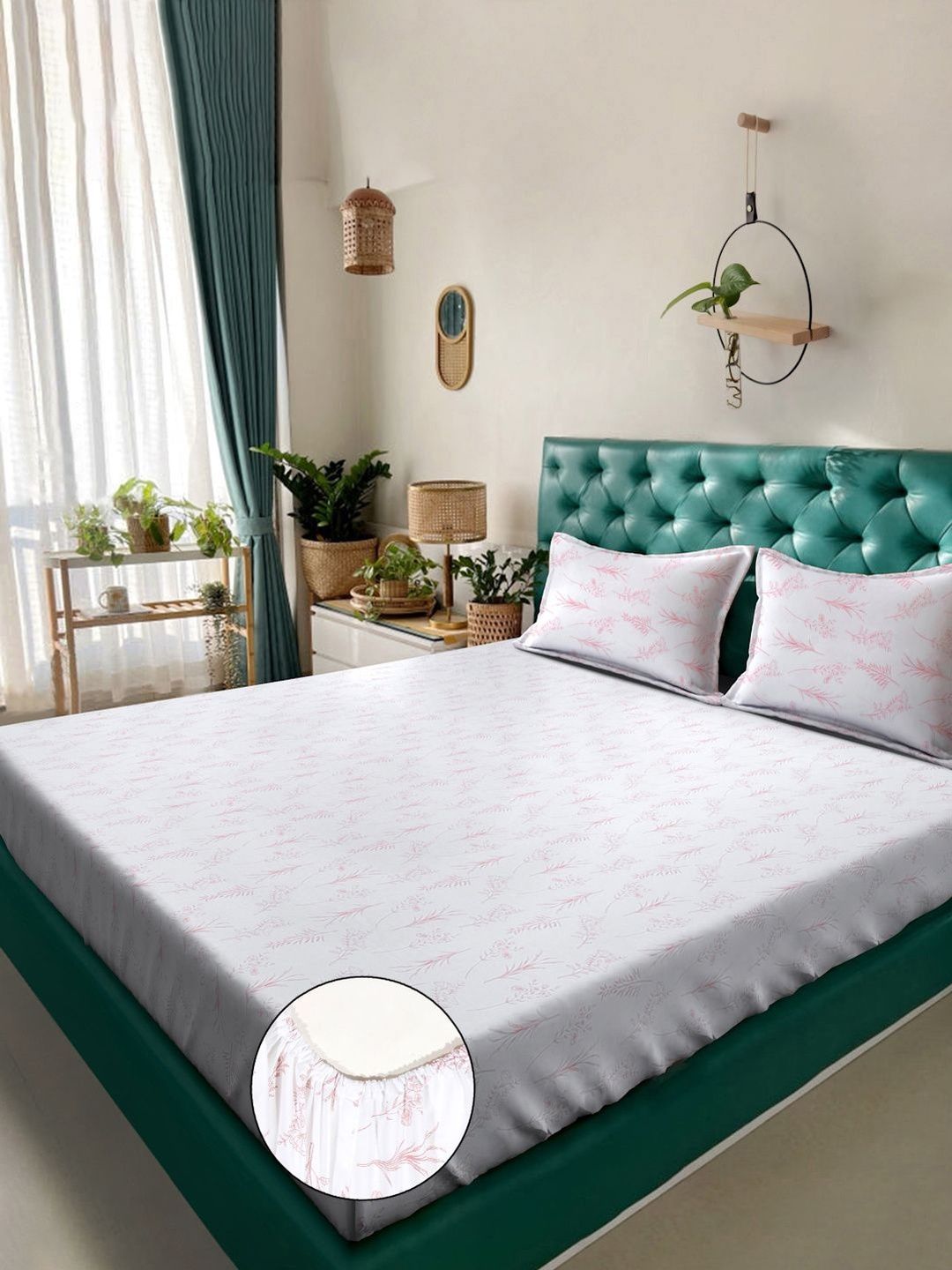 KLOTTHE White Floral Printed Fitted 400 TC Cotton Super King Bedsheet With 2 Pillow Covers
