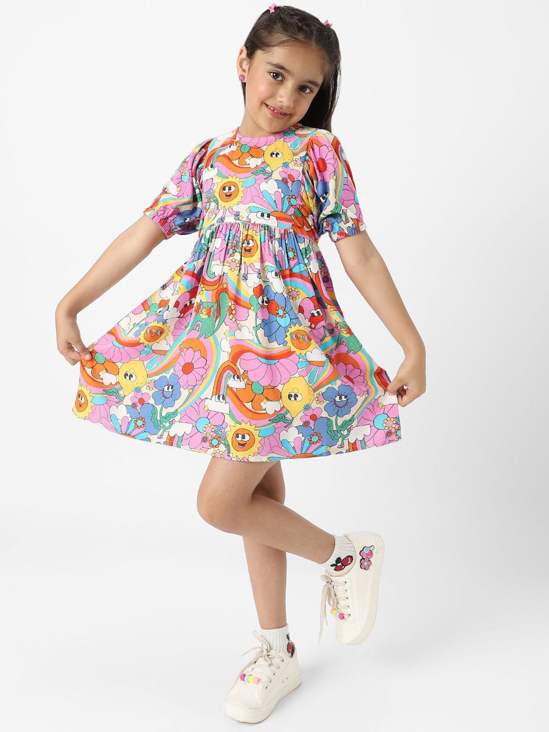 Nauti Nati Girls' Colourful AOP Fit and Flare Dress