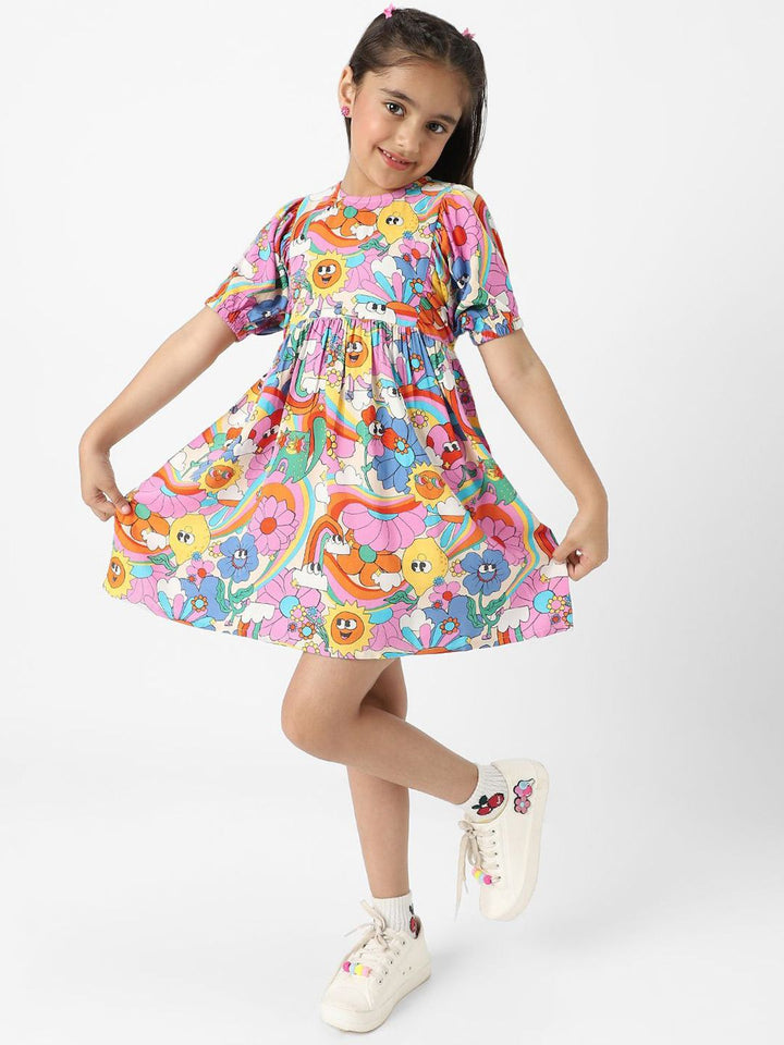 Nauti Nati Girls' Colourful AOP Fit and Flare Dress