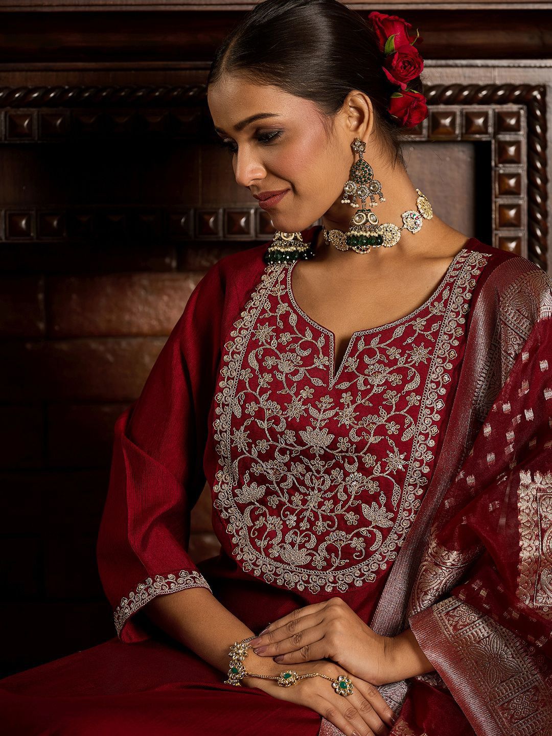 Indo Era Ethnic Motifs Zari Embroidered Liva Kurta with Trouser & Dupatta