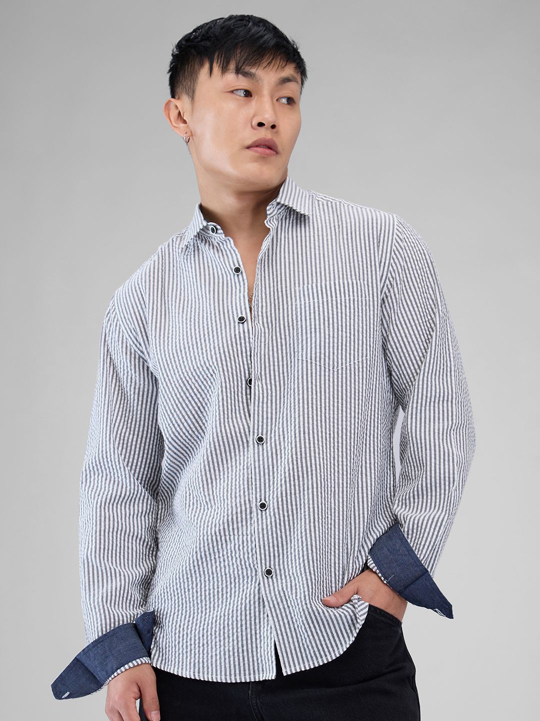 VASTRADO Men Classic Slim Fit Pinstripes Opaque Striped Casual Shirt