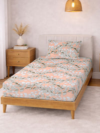 KLOTTHE Orange Color & White Printed 300 TC Single Bedsheet & Pillow Covers-2.25 m x 1.5 m