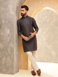 Kurta Sutera Jacquard Biru Laut Biru Bersulam Geometrik Mandarin Dengan Pijama