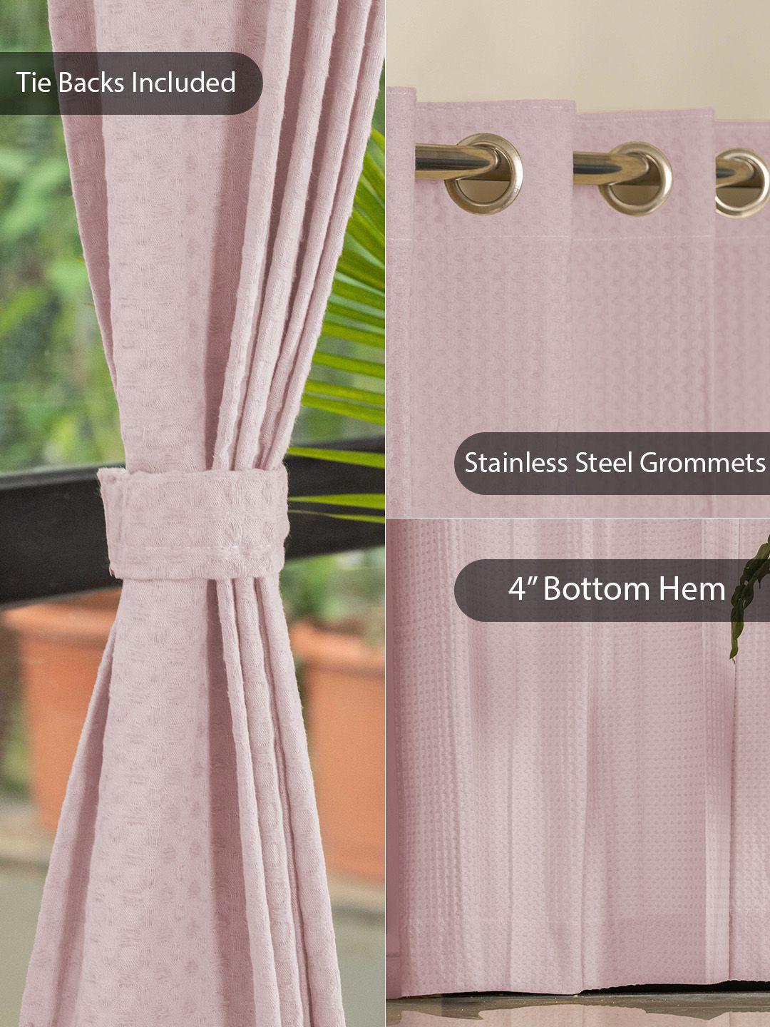 URBAN SPACE Waffle Pink 2 Pieces Cotton Long Door Curtains