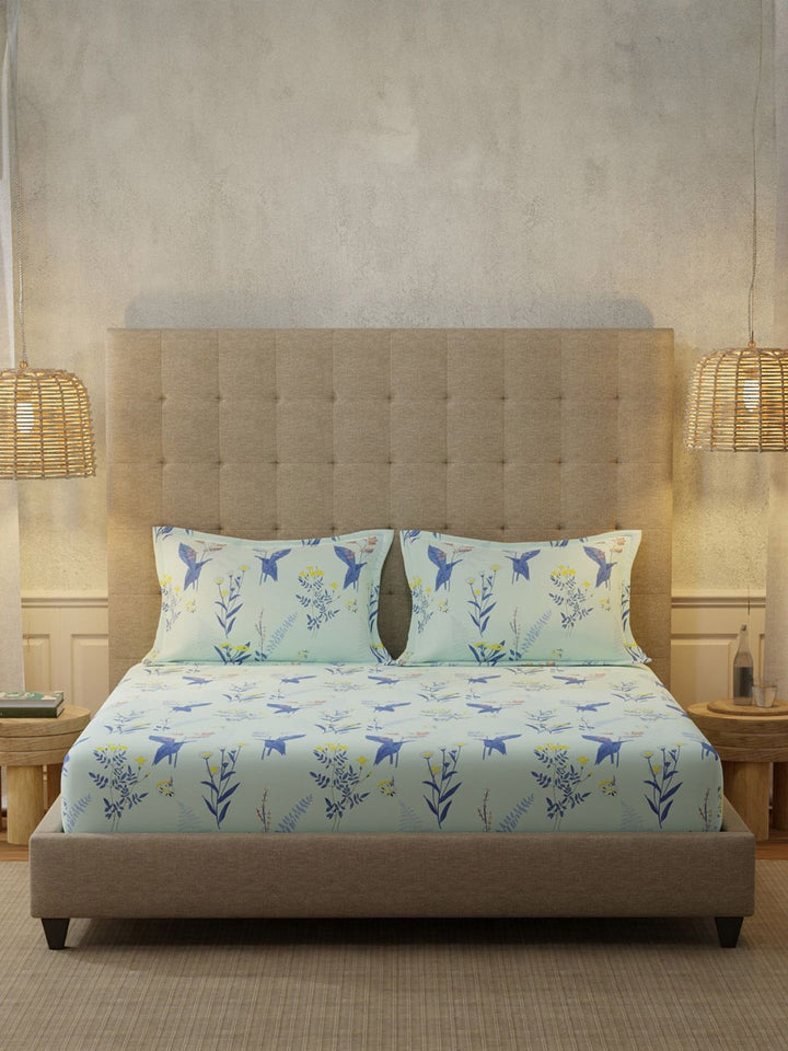 URBAN SPACE Whisper Mint Blue 200 TC Floral Queen Bedsheet 2 Pillow Covers