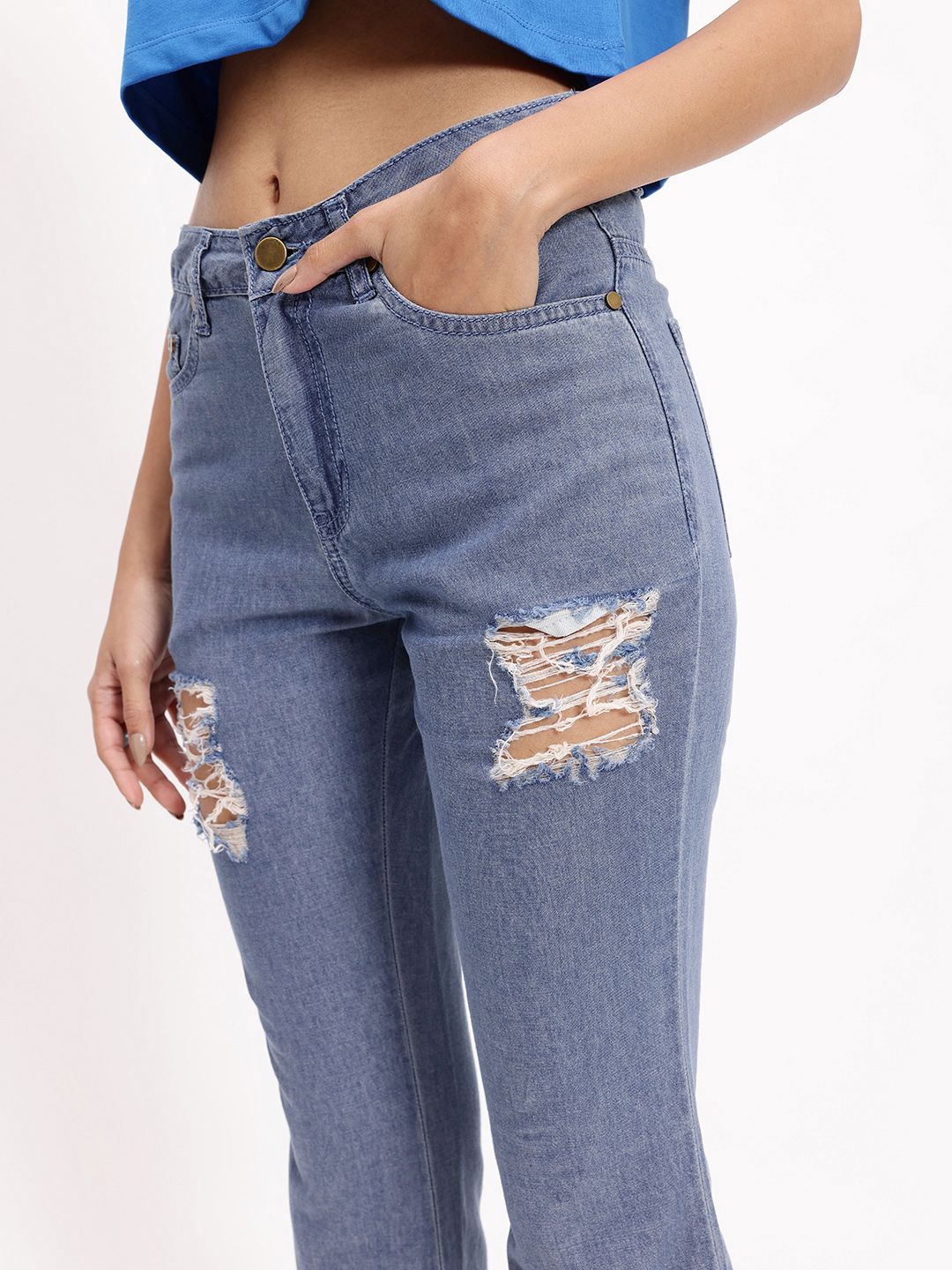 DressBerry Women Fresh And Modern Distressed Pure Cotton Flared Jeans