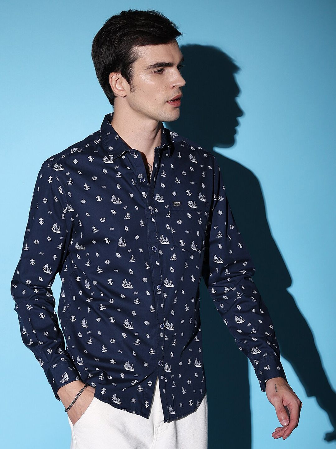 The Indian Garage Co Navy Blue Slim Fit Conversational Printed Cotton Casual Shirt