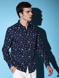 The Indian Garage Co Navy Blue Slim Fit Conversational Printed Cotton Casual Shirt