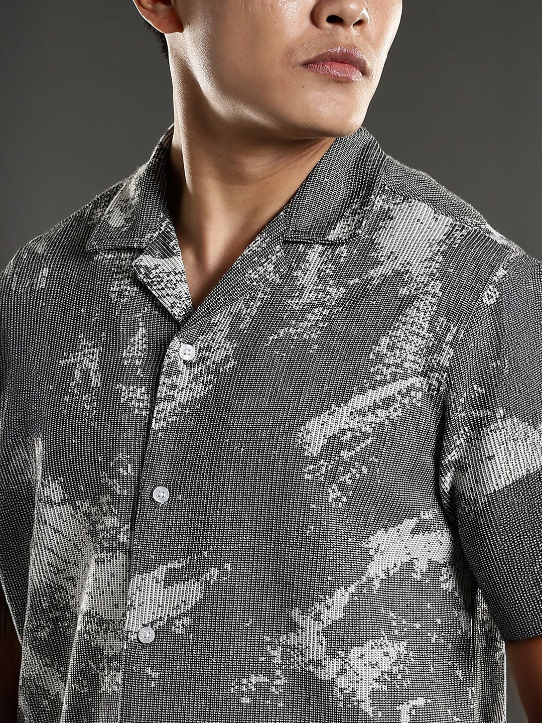 Eszett Grey Abstract Printed Jacquard Spread Collar Pure Cotton Shirt With Trouser Co-Ord Set