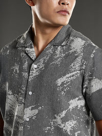 Eszett Grey Abstract Printed Jacquard Spread Collar Pure Cotton Shirt With Trouser Co-Ord Set