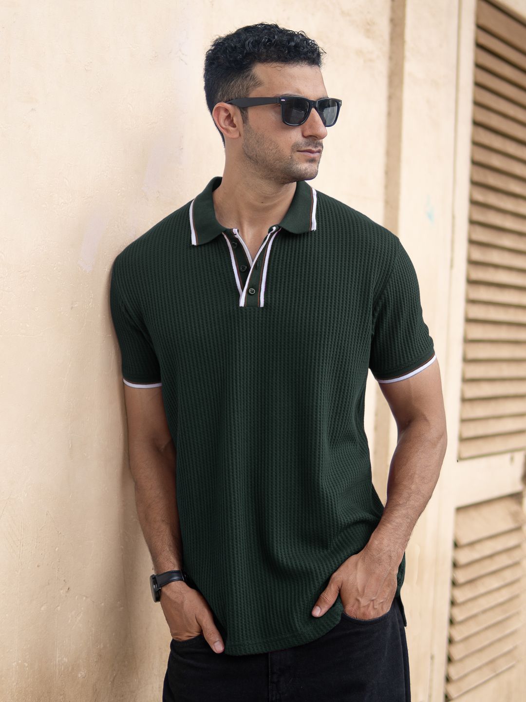 Powerlook Men Green Self Design Structured Polo Collar T-shirt