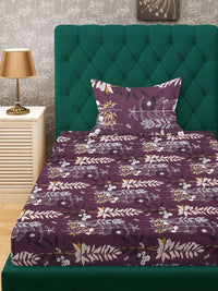 Myntra Elegant Homes Purple & White Floral 300 TC Single Bedsheet with 1 Pillow Covers