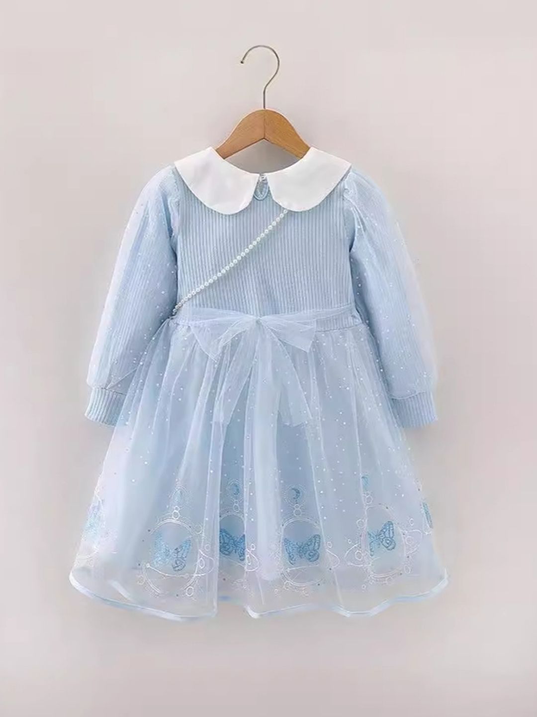 YK Girls Elsa Peter Pan Collar Cuffed Sleeve Fit & Flare Dress dengan Beg Sling