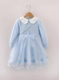 YK Girls Elsa Peter Pan Collar Cuffed Sleeve Fit & Flare Dress dengan Beg Sling