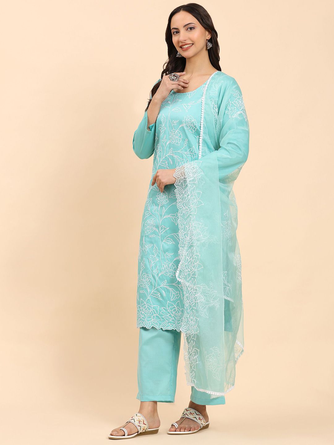 Mamicha Women Embroidered Regular Thread Work Pure Cotton Kurta with Palazzos & With Dupatta