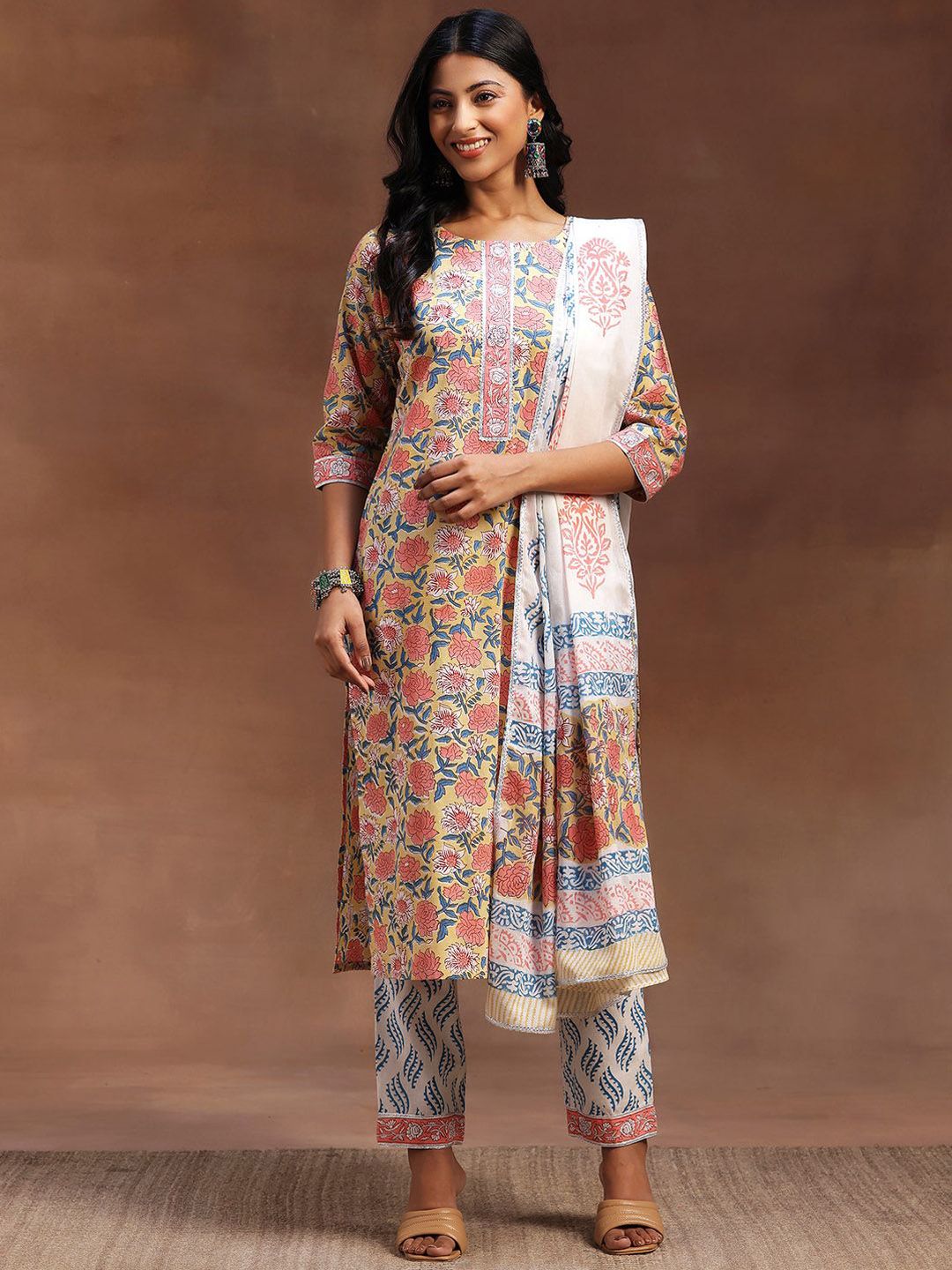 Libas Printed Regular Gotta Patti Pure Cotton Straight Kurta with Trousers & Dupatta